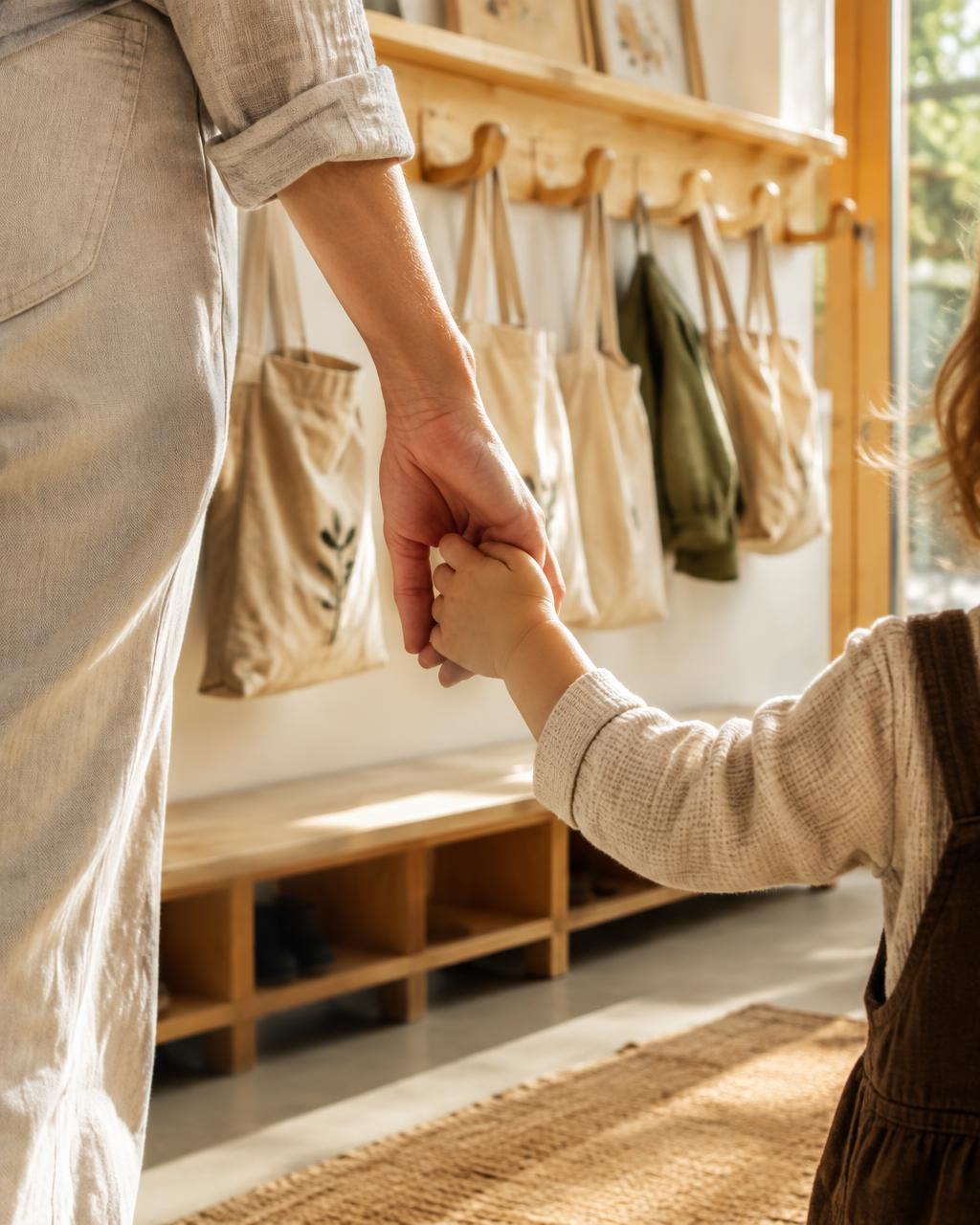 Un genitore tiene per mano il suo bambino all'ingresso del nido