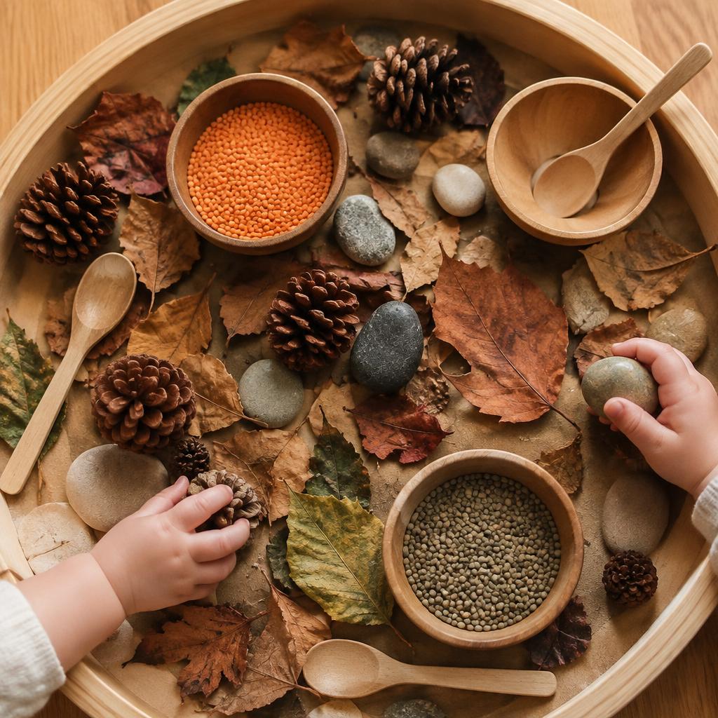 Mani di bambini che esplorano materiali naturali