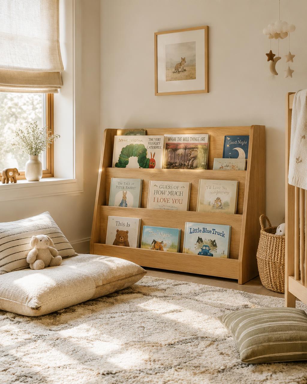 Angolo lettura con libri illustrati e cuscini