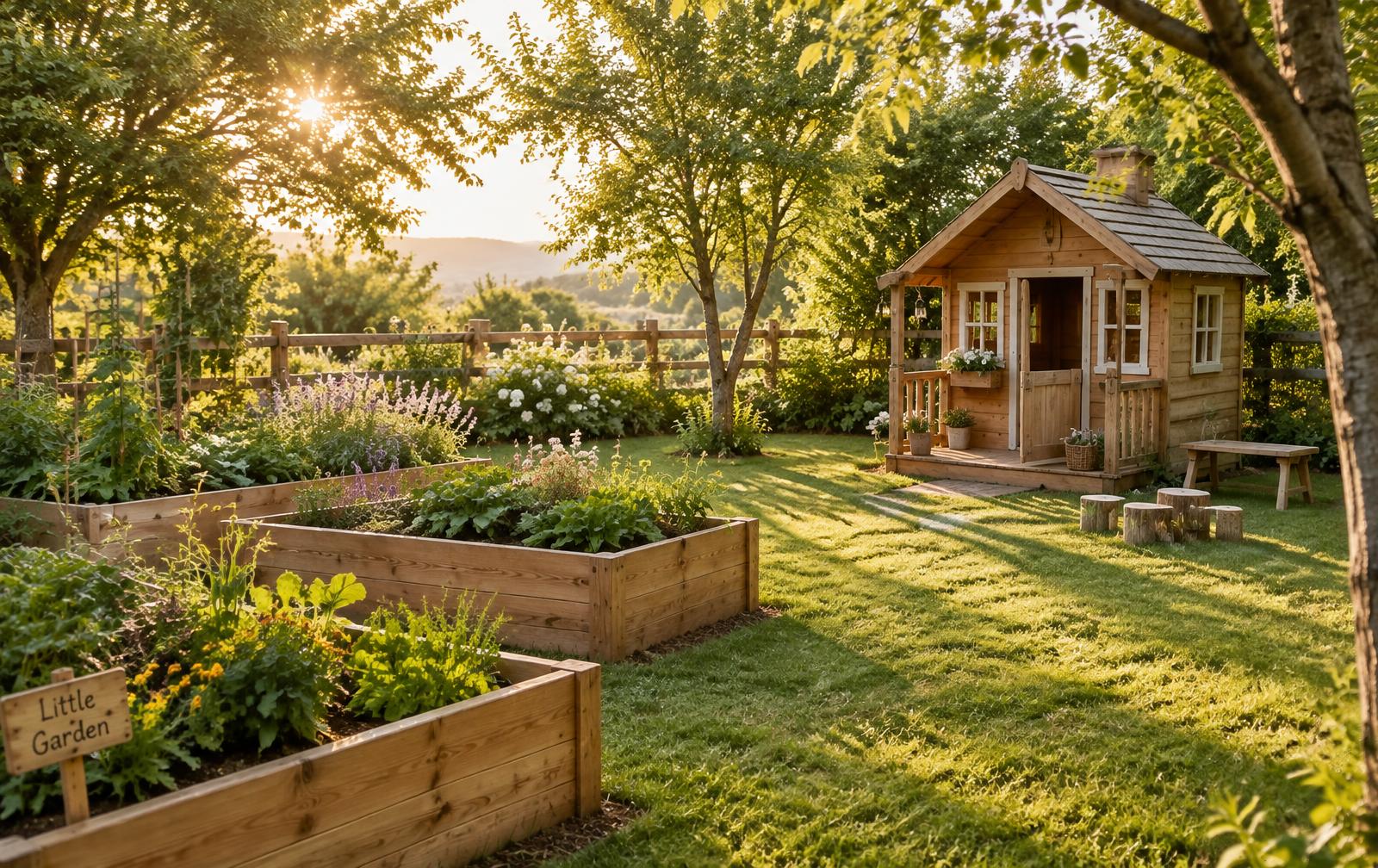 Giardino di un asilo nido con orto e casetta in legno
